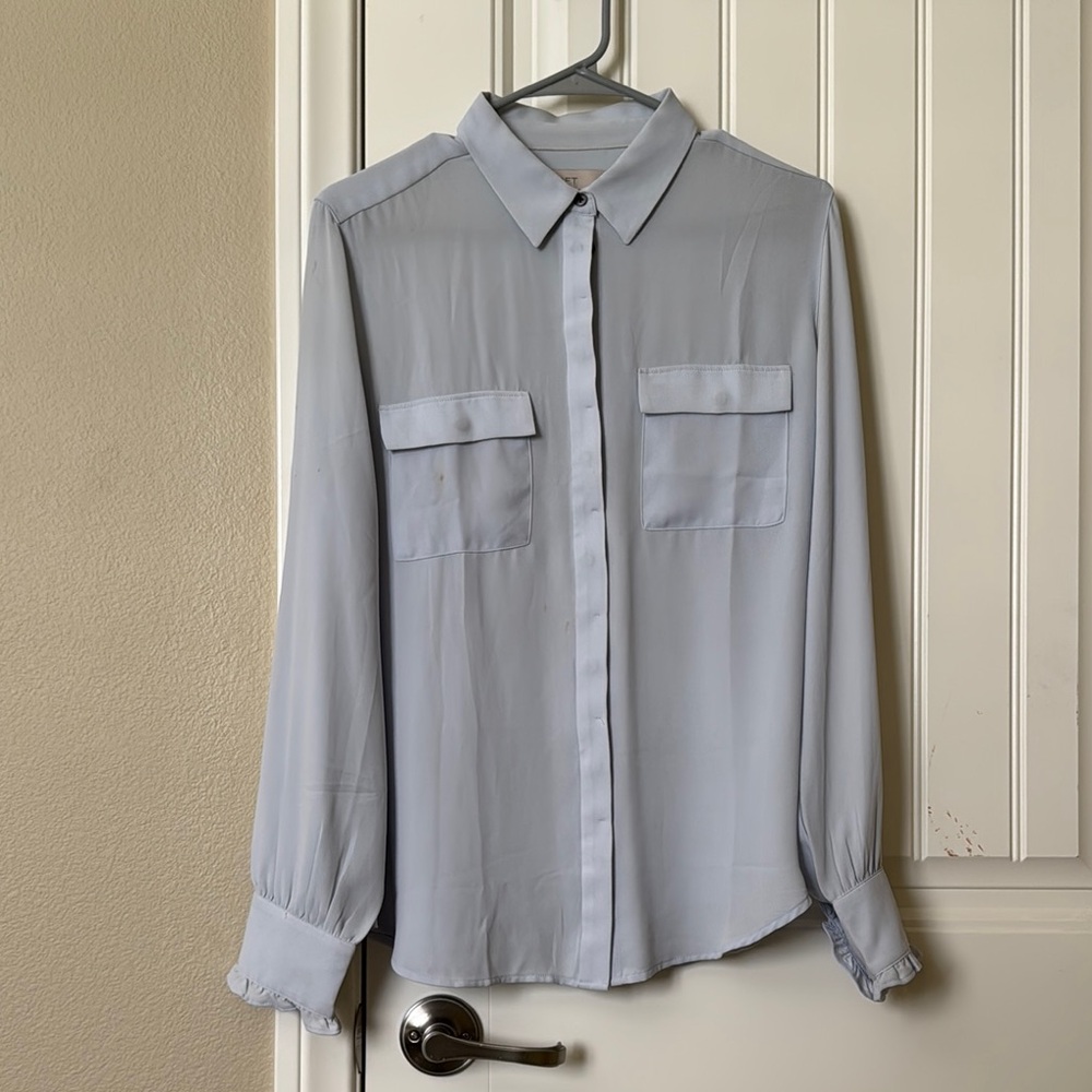 LOFT Light Blue Chiffon Button Down Shirt with Ruffle Sleeve
